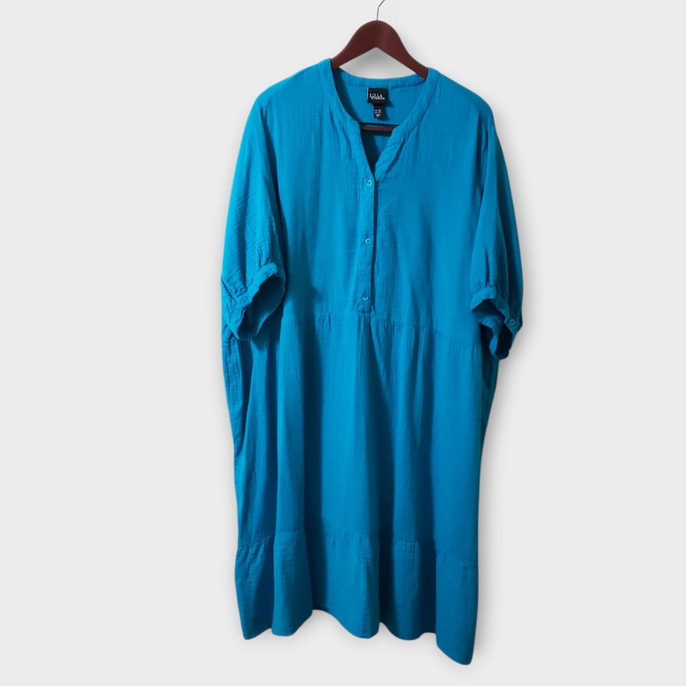 Ulla Popken Turquoise Cotton Gauze Tiered Midi Dress Plus Size 24/26